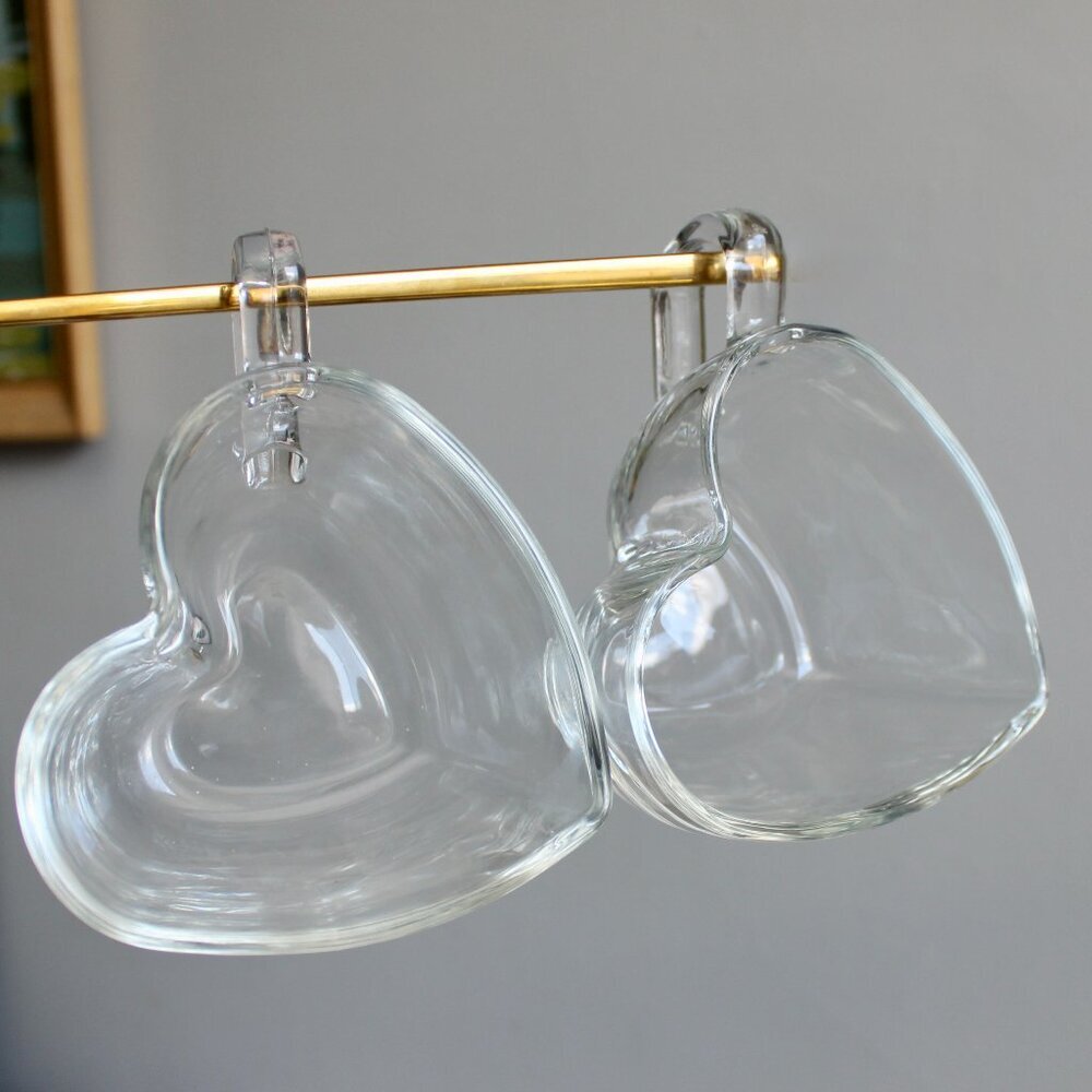 Vintage Heart Shape Coffee Tea Snack Clear Mugs Bundle of Two (2) 6 oz